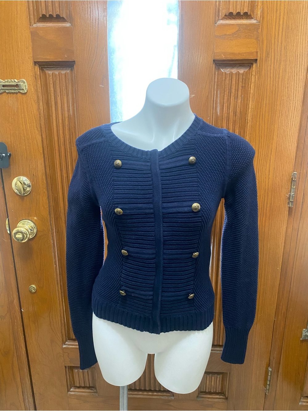 Banana Republic Navy Double-Breasted Knit Cardigan with Gold Buttons
